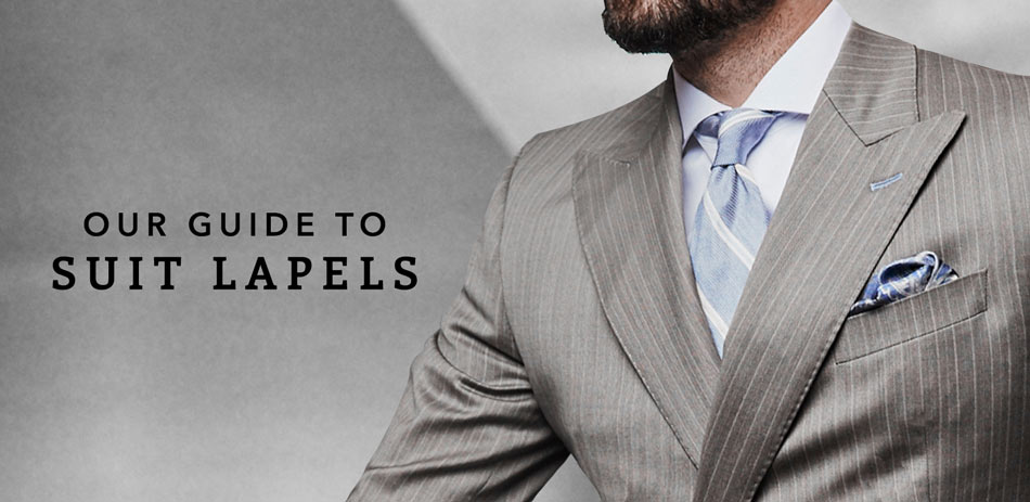man wearing oyster gray suit with striped baby blue tie with text reading our guide to suit lapels
