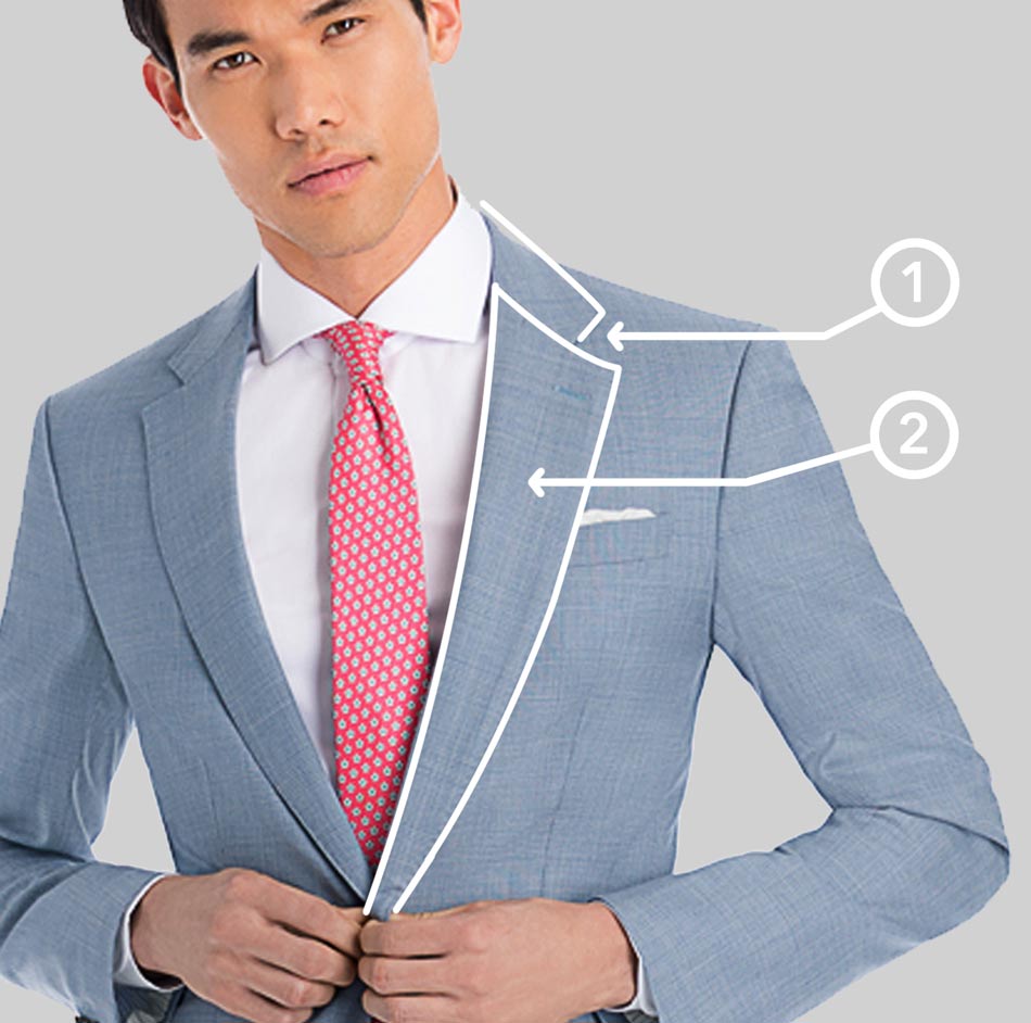 man wearing light blue suit with white shirt and pink tie and the lapel of the suit highlighted in white with numbers