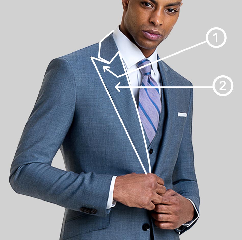 man wearing a dusky blue shit with purple striped tie with the lapel highlighted in white and numbered callouts