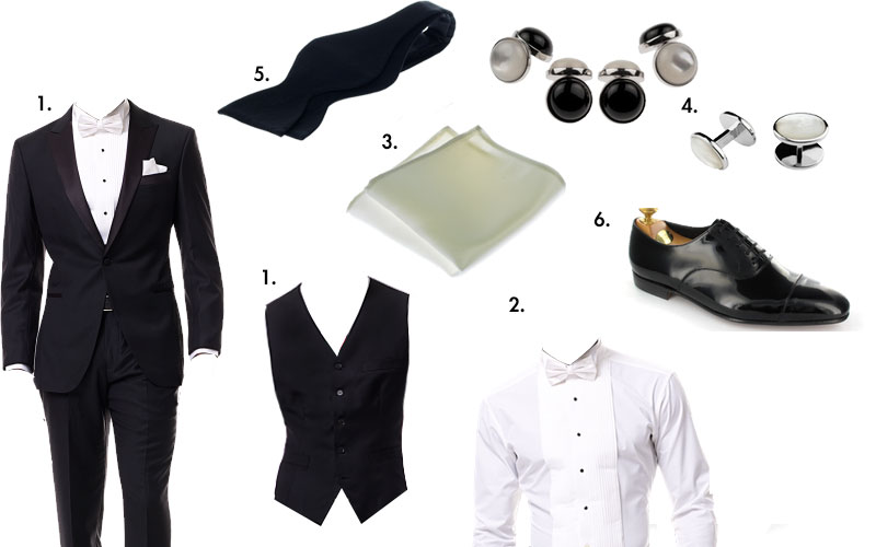 tuxedo, tuxedo vest, tuxedo shirt, untied bow tie, silk pocket square, tuxedo studs, and black dress shoes on a white background