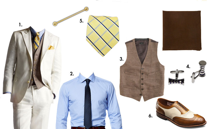 tan suit with brown vest, yellow tie, blue shirt, brown pocket square, metal cufflinks, and tan oxfords