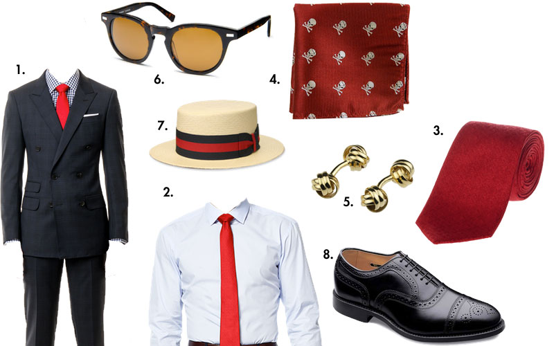 black suit with peak lapel, white shirt, red tie, red pocket square, golden barbel cufflinks, yellow tinted sunglasses, cream fedora, and black oxfords