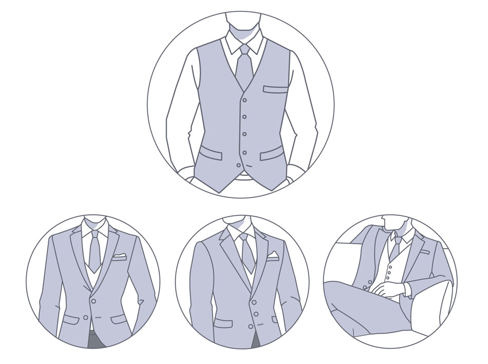 vector graphic of buttons on vests in circles with the last button unbuttoned