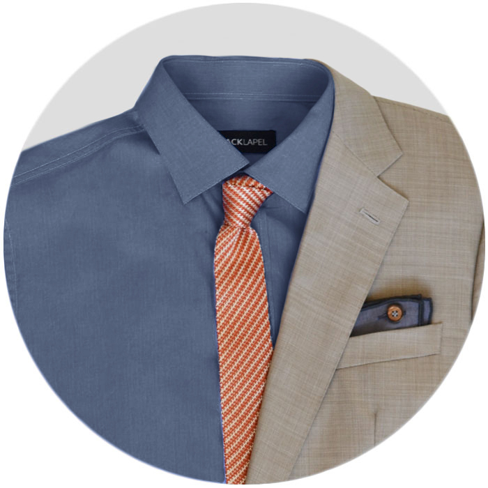 The Manager - Dark Blue Solid Chambray Custom Shirt, Solid Tan Tropical Wool Custom Suit