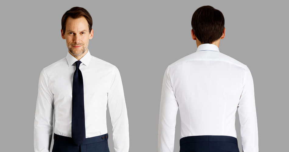 man wearing a white shirt with navy tie front and back view