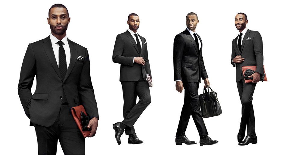 a man wearing all black suit with black tie and three full body photos in different angles