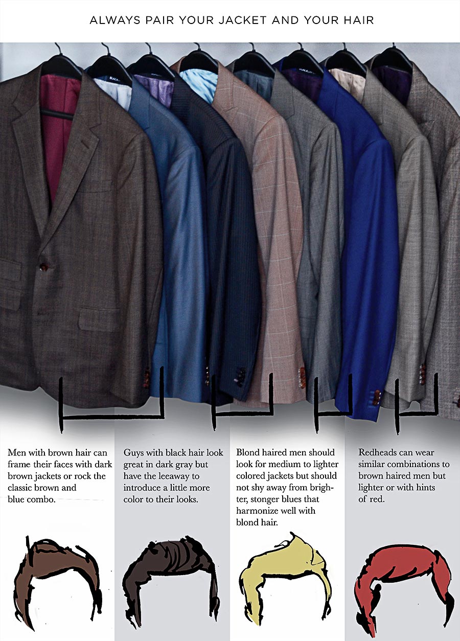 chart of illustrated natural men's hair color matched with different suit jacket colors