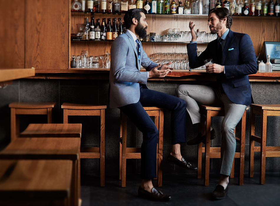 Two of menswear's secret weapons - Full body Light Blue Sharkskin Unsuit and the Blue Shadow Stripe Unsuit. Both by Black Lapel