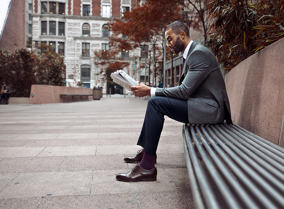 A menswear staple, navy trousers, meets the gray windowpane jacket to form this Gray with Purple Windowpane Unsuit by Black Lapel