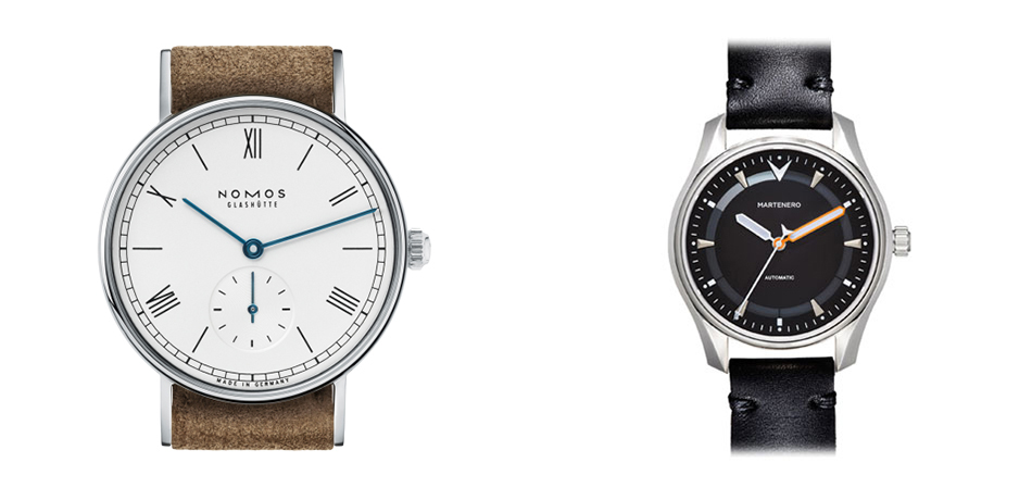 A Men's Jewelry Minimalist - Seen here are The Ludwig Watch by Nomos and The Model II: Founder watch by Martenero