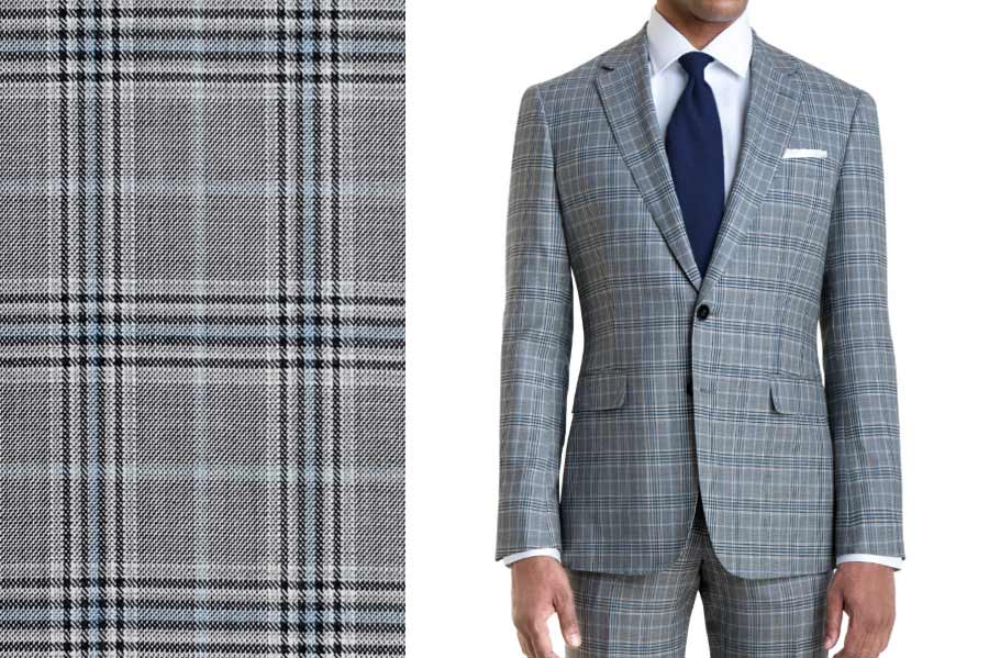 light gray suit with blue plaid pattern