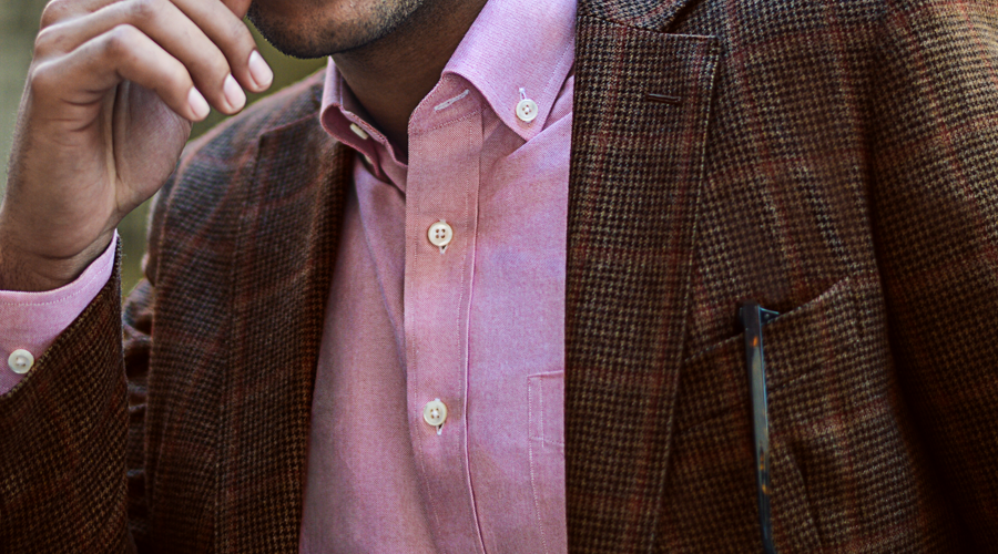 Red Solid Oxford Cloth Custom Shirt, Cobble Hill Brown with Burgundy WIndowpane Custom Blazer 