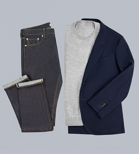 blue blazer with sweater and jeans