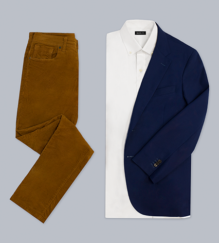 blue blazer with white oxford dress shirt and brown corduroys