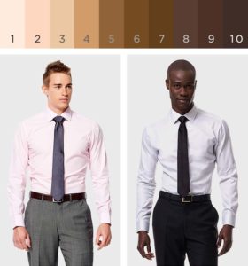 a horizontal stripe of different skin tones on the top and two men wearing dress shirts and a tie below