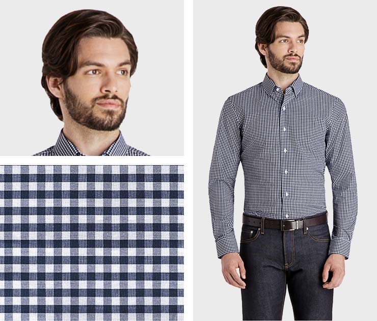 man wearing navy check shirt with close up of his face and swatch of the navy check fabric