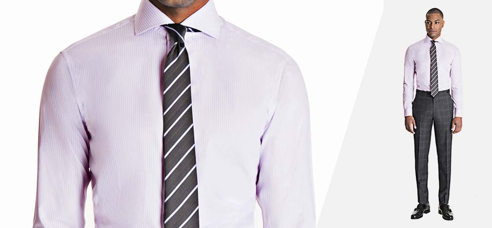 zoomed in crop of a man wearing pink solid shirt with gray striped tie next to a full-body shot of a man wearing an identical outfit