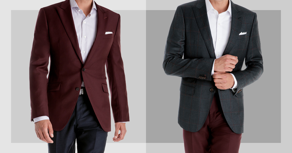 burgundy blazer styled with white shirt and black pants and black blazers with burgundy pants