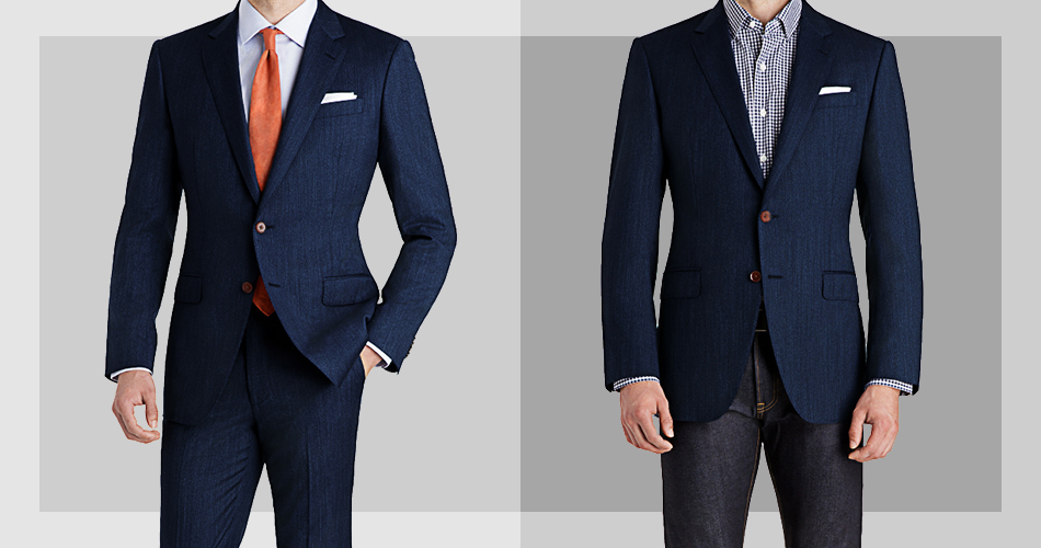 a navy blazer styled as a suit with orange tie and the same blazer styled with jeans