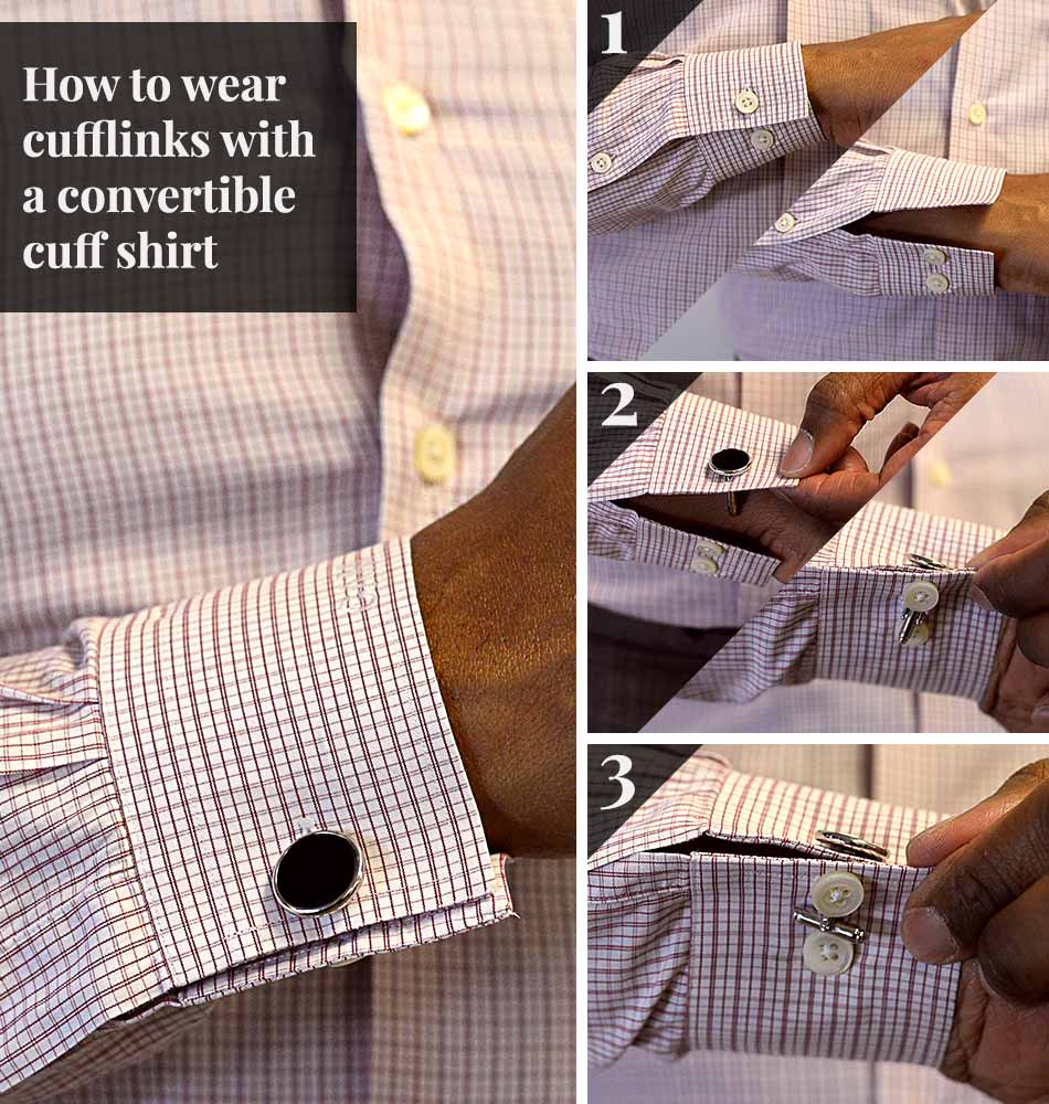 series of images showing how to wear cufflinks with a convertible cuff shirt