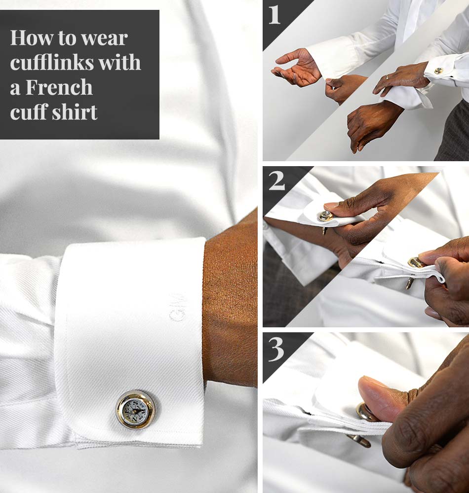 series of images showing how to wear cufflinks with a french cuff shirt