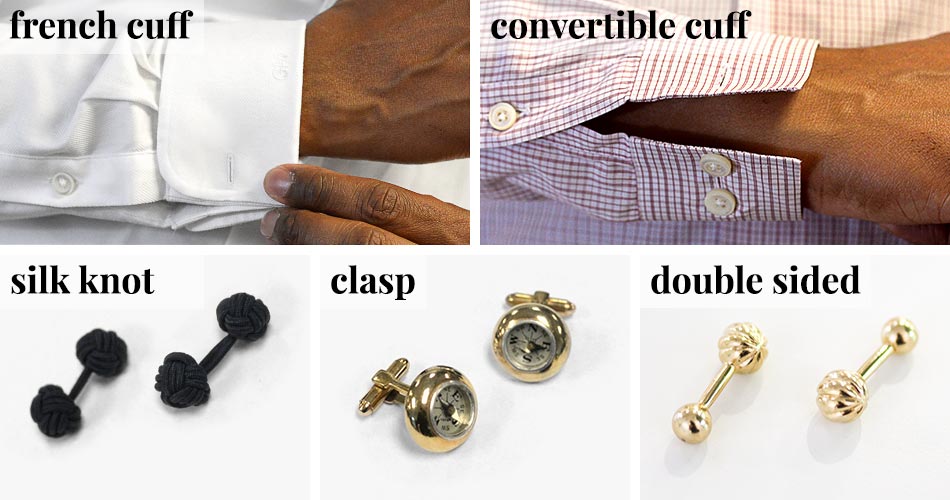 top row: two images each a crop of a man's hands each in a french cuff and a convertible cuff shirt. bottom row: three images showing a pair of silk knots, clasp cufflinks that resembles a compass, and a double sided golden barbell cufflinks