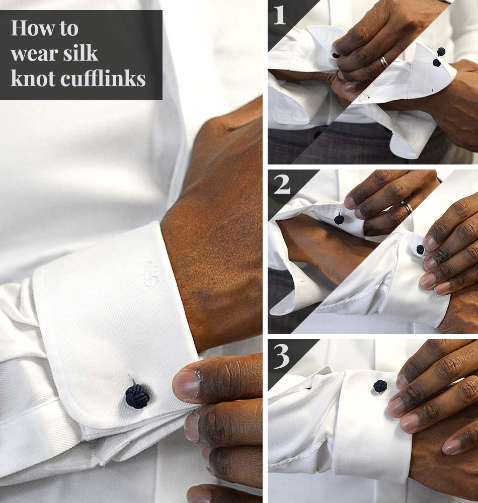 series of images showing how to put on a silk knot cufflinks