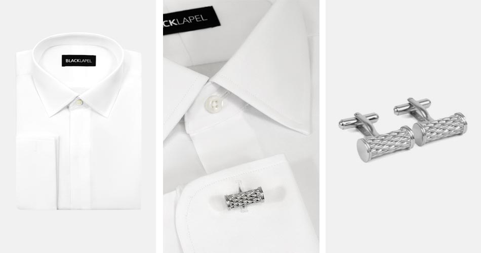 a folded white tuxedo shirt next to a crop of the same shirt with silver bar cufflinks next to the silver bar cufflinks on white background