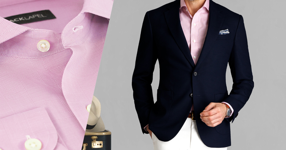 white pants for men with pink shirt and blue blazer