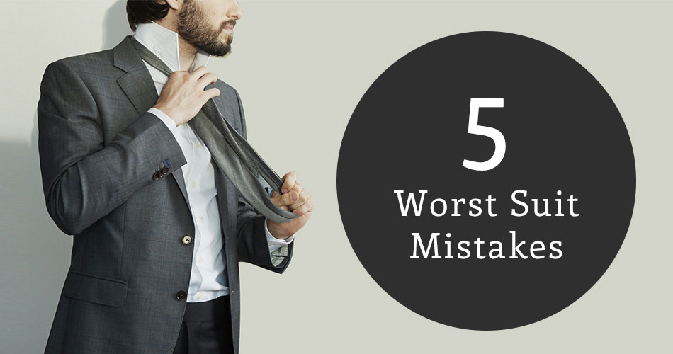 man putting on a suit withtext reading "5 worst suit mistakes"