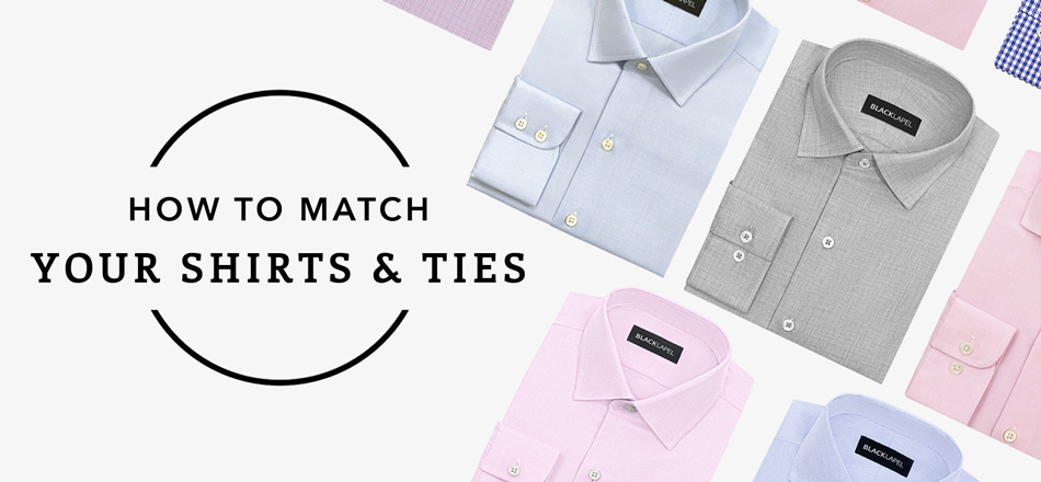 Various folded collared shirts with text reading how to match your shirts and ties