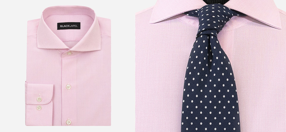 pink micro check shirt with close up of navy polka dot tie