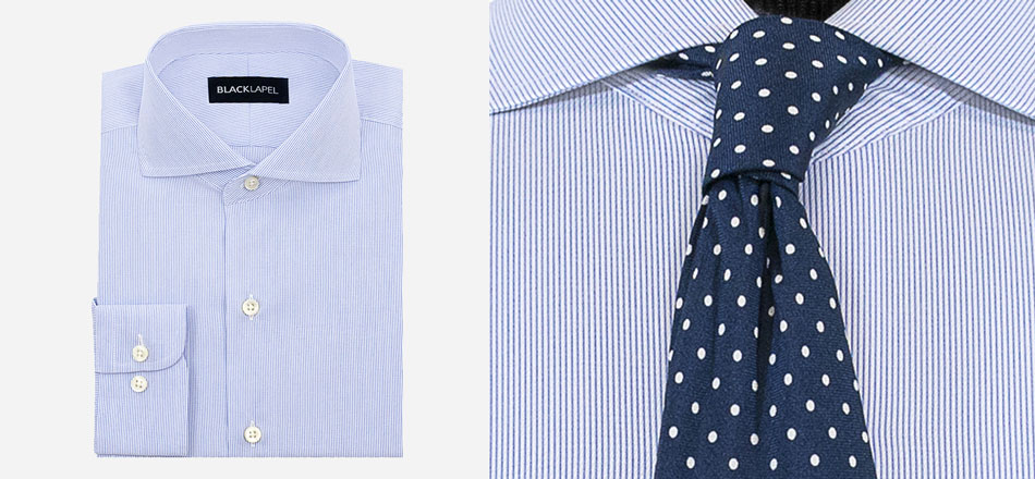 blue striped shirt with close up of navy polka dot tie