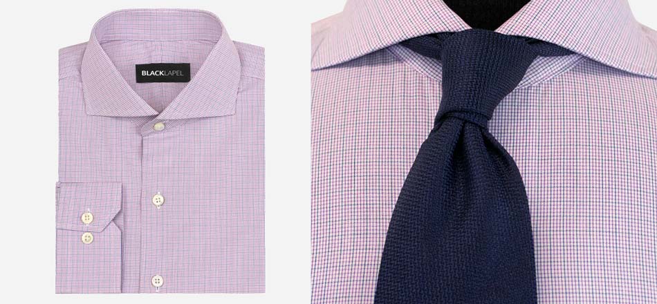 purple and blue checked shirt with close up of knitted navy tie