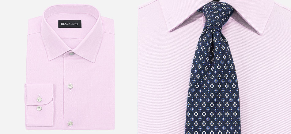 pink shirt with close up of navy floral patterned tie