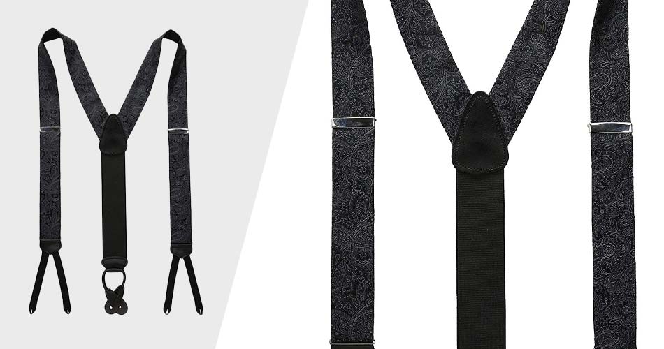 dark gray suspenders with paisley pattern for tuxedo pants