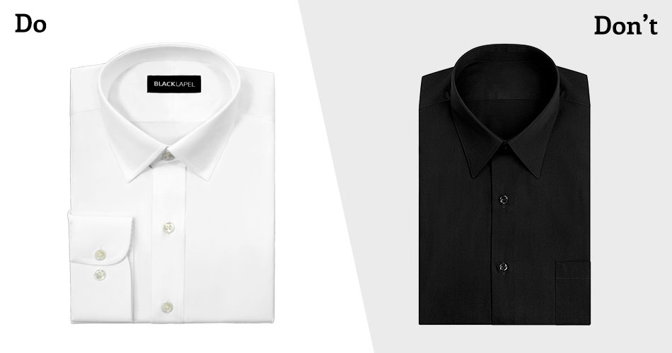 a white folded dress shirt with text "do" over it and a black folded dress shirt with text reading "don't"