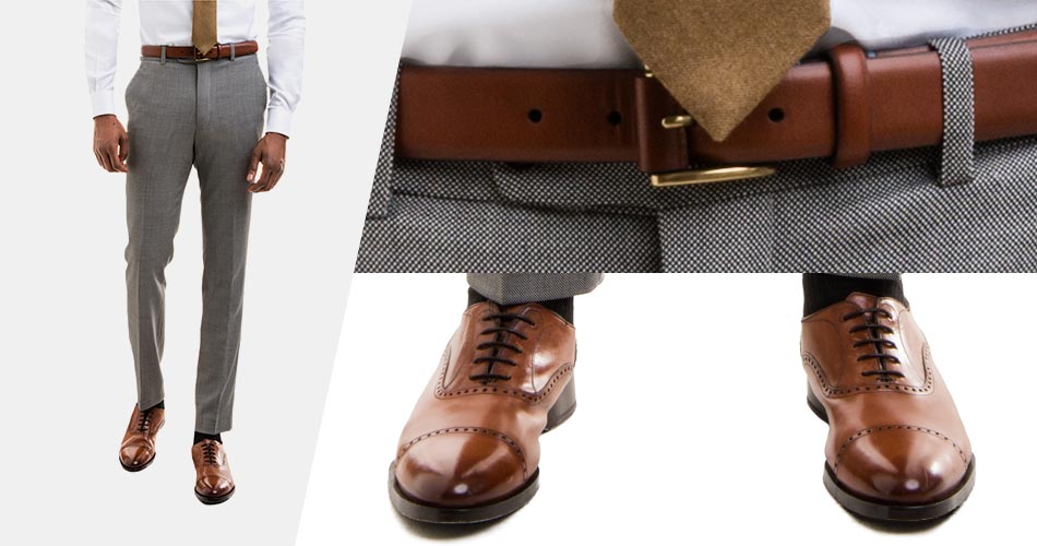 man wearing gray dress pants with brown leather belt and brown oxfords