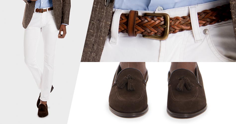 man wearing white pants and brown linen blazers with braided leather belt and brown suede loafers