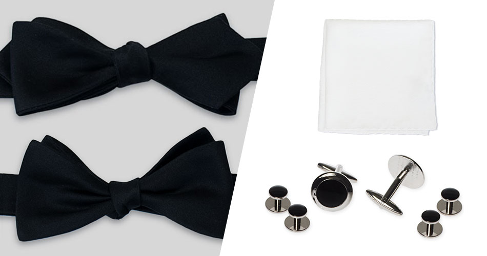 black bow tie and white pocket square and black and silver tuxedo studs