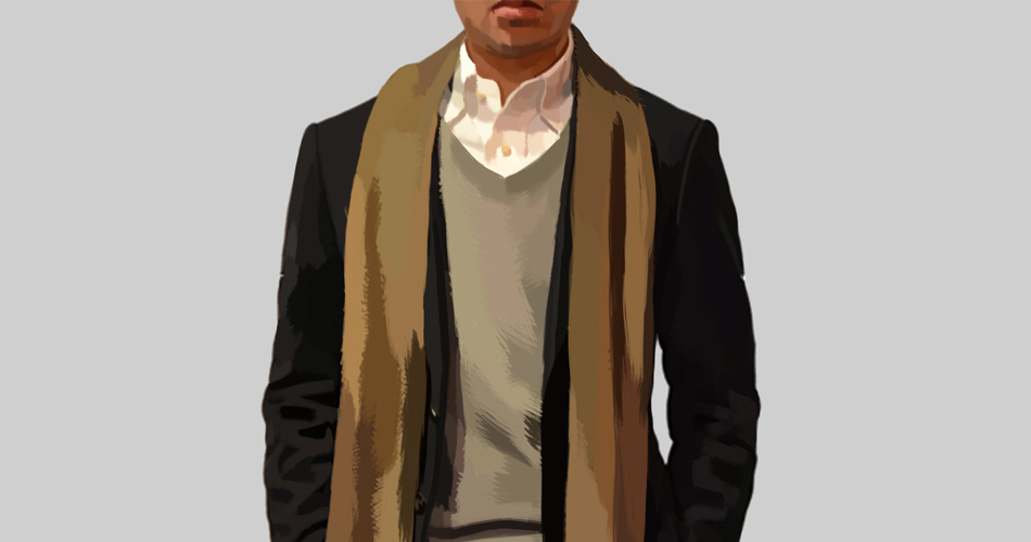 man with scarf draped with suit