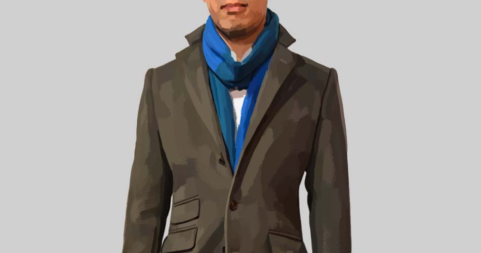 man wearing blue scarf with suit