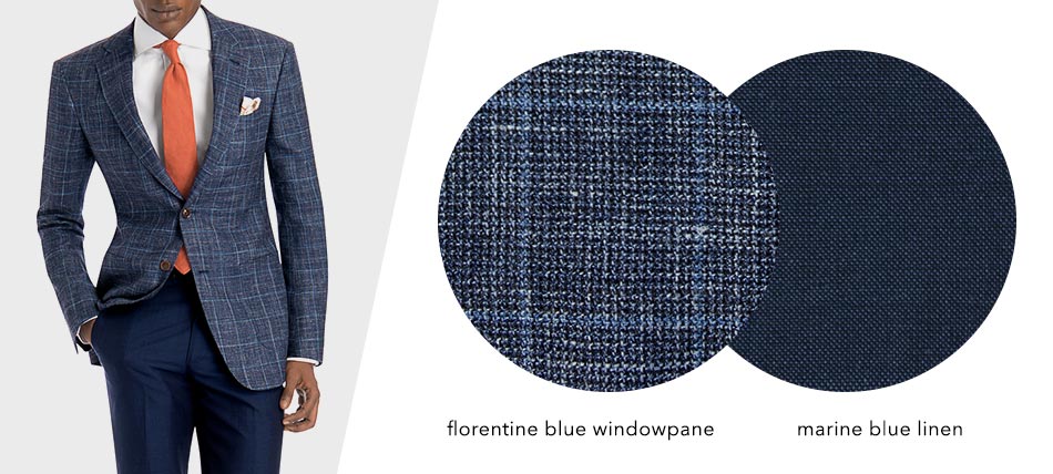 man wearing blue windowpane blazer and navy pants with fabric swatches in circles