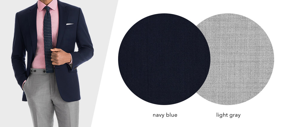 man wearing navy blazer and gray pants with fabric swatches in circles