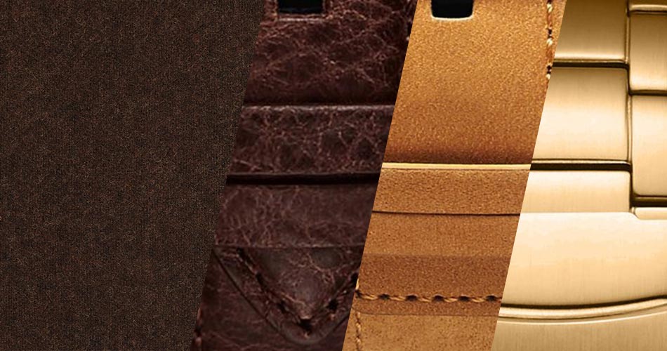 brown fabric swatch with brown leather and gold metal watches