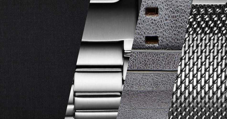 dark gray fabric swatch with silver metal and gray leather watches