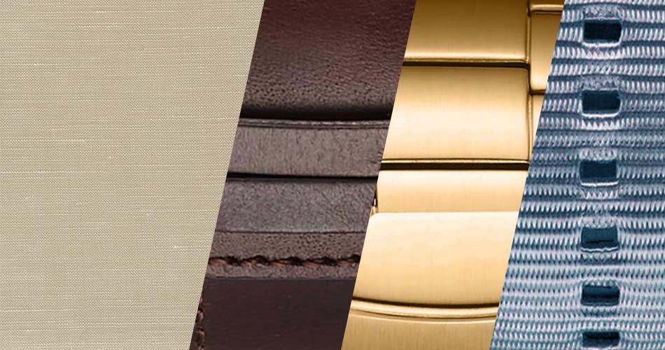tan fabric swatch with dark brown leather and gold and blue metal watches