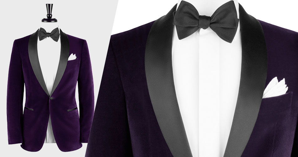 plum velvet dinner jacket on a dress form with black bow tie