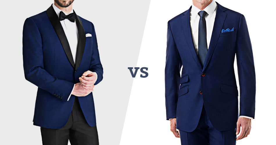 man wearing blue tuxedo and a man wearing blue suit with 'vs' between