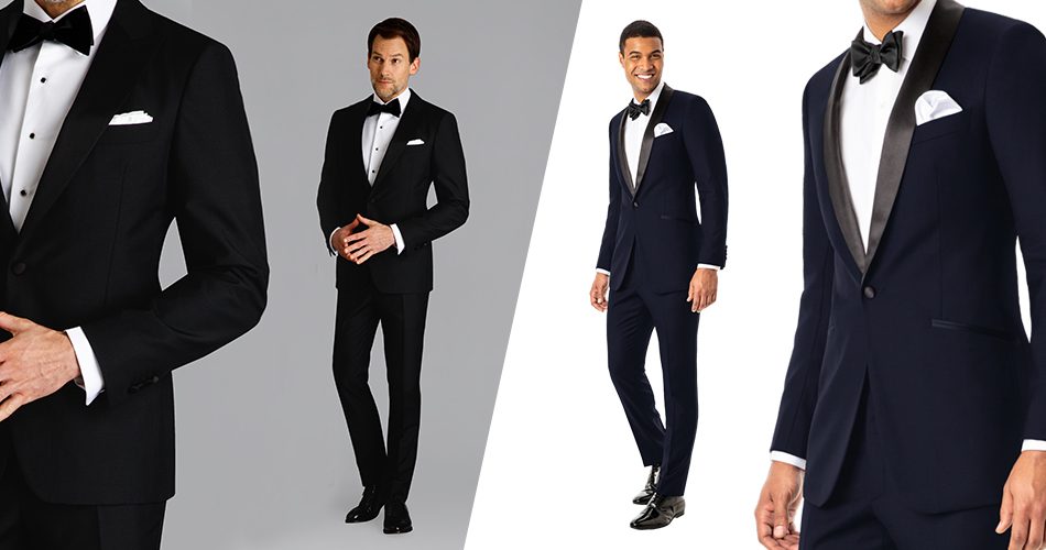 two men side by side with black tuxedos and blue tuxedos